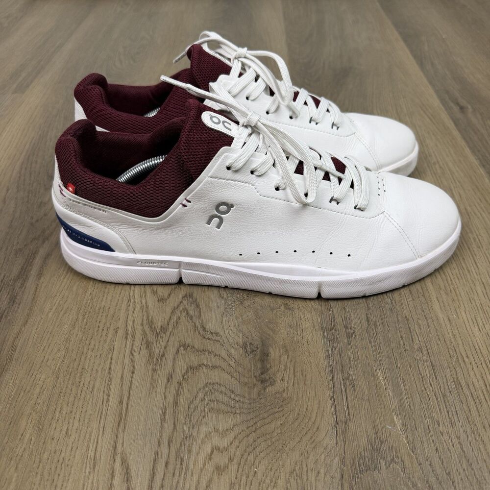 On THE ROGER Shoes Mens Size 13 White Maroon Leather Tennis CloudTec Sneakers